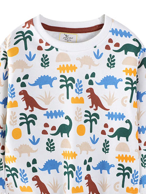 White kids sweatshirt with allover dinosaur and palm tree print.