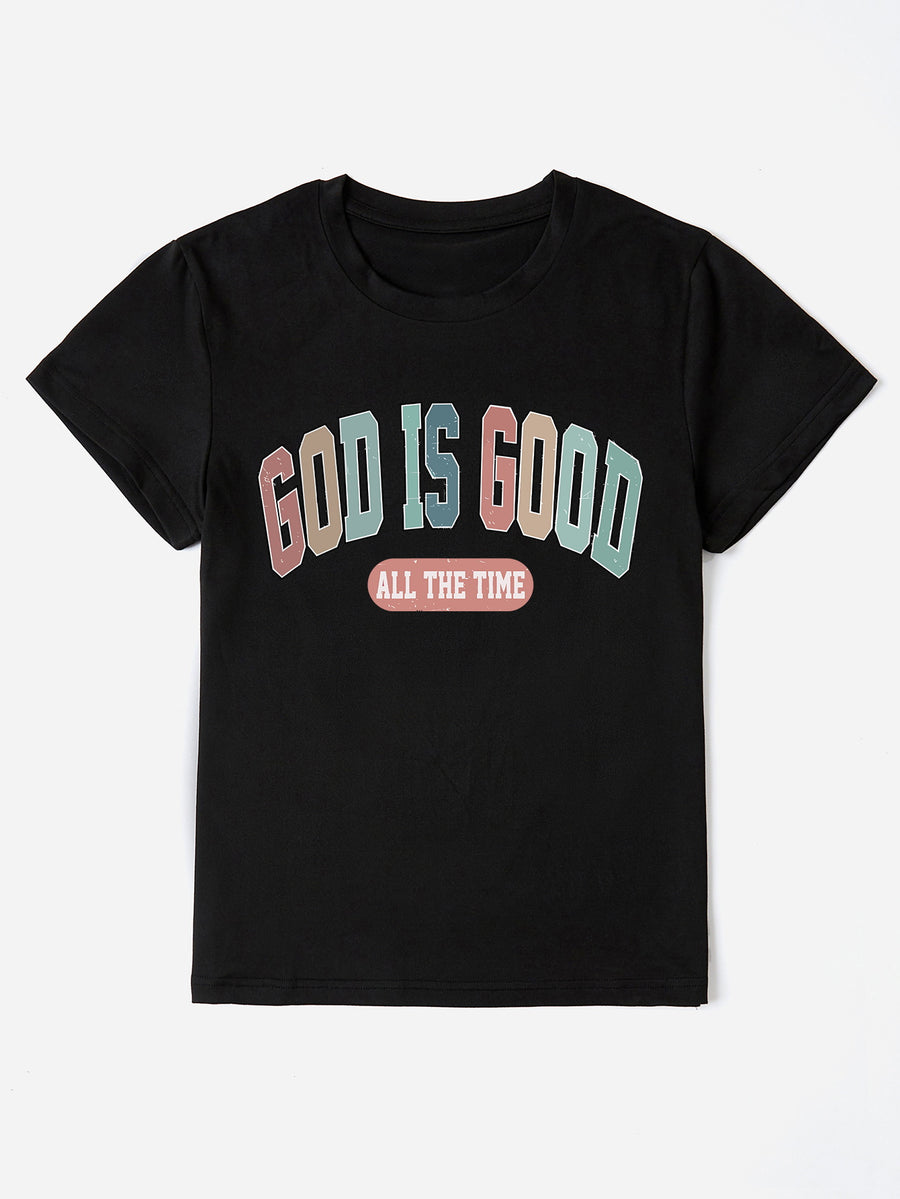 Black crewneck t-shirt with "GOD IS GOOD ALL THE TIME" graphic in pastel collegiate font.