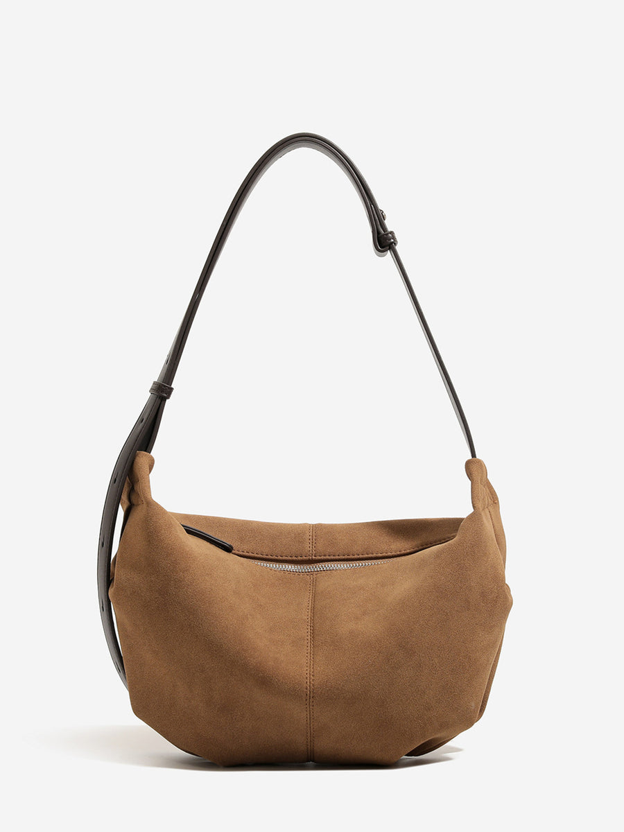 Suede Imported Size &amp shoulder bag in Wine Red with crescent silhouette