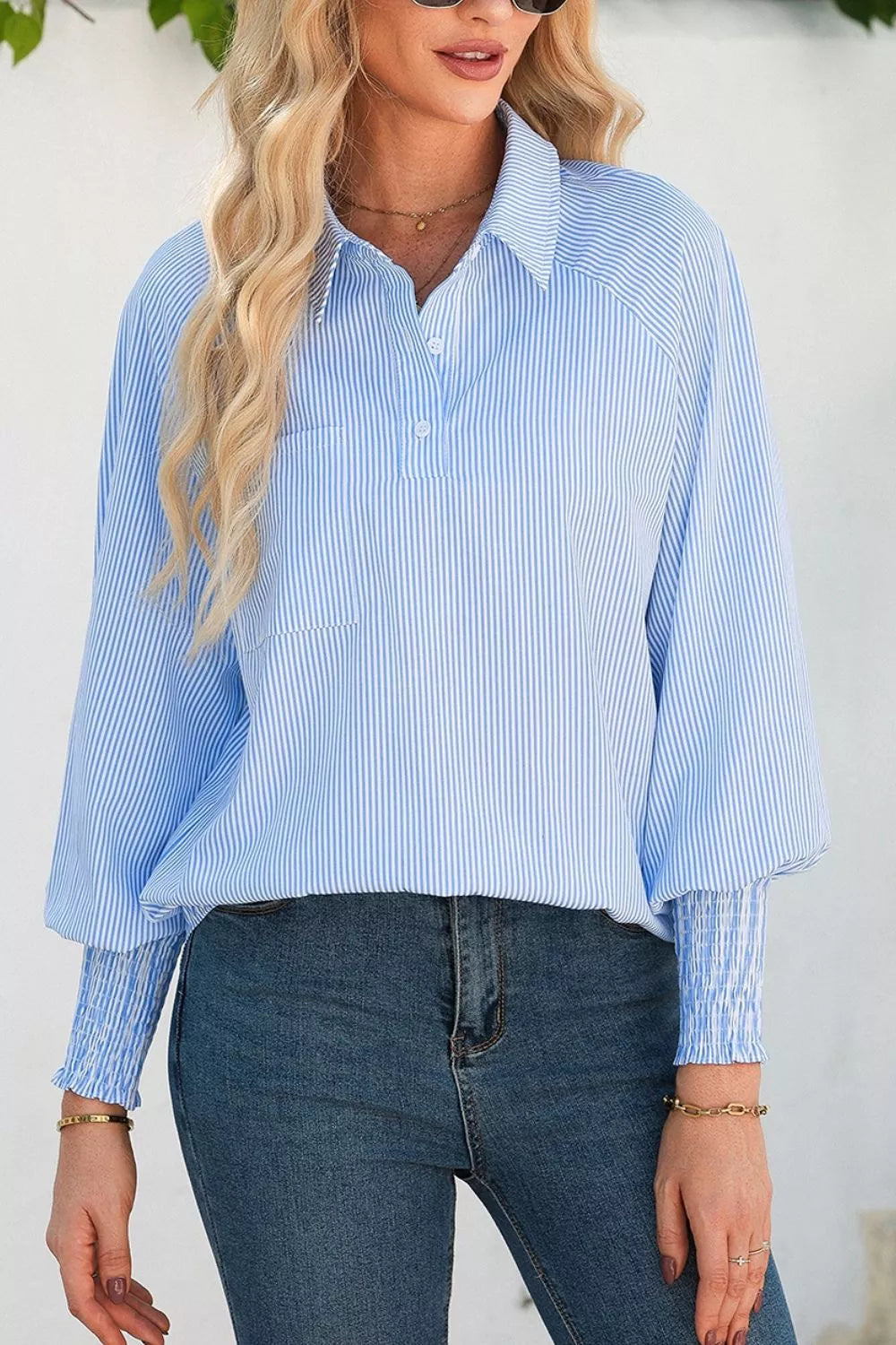 Light Blue Striped Smocked Sleeve Collared Blouse