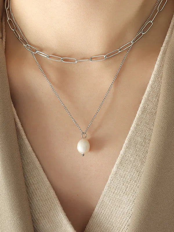 Silver paperclip chain layered necklace with single pearl pendant
