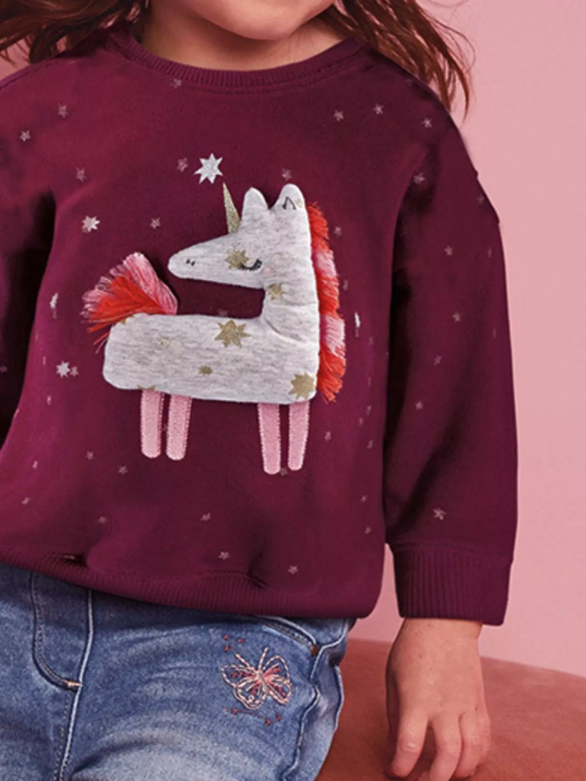 Burgundy baby sweatshirt with embroidered unicorn and stars, long sleeves.