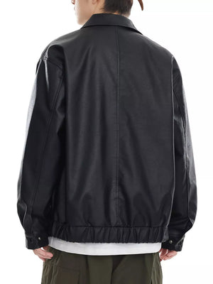 Black faux leather bomber jacket with elasticated hem and cuffs.