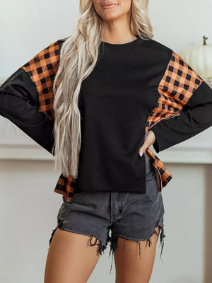 orange t-shirt featuring patchwork and plaid