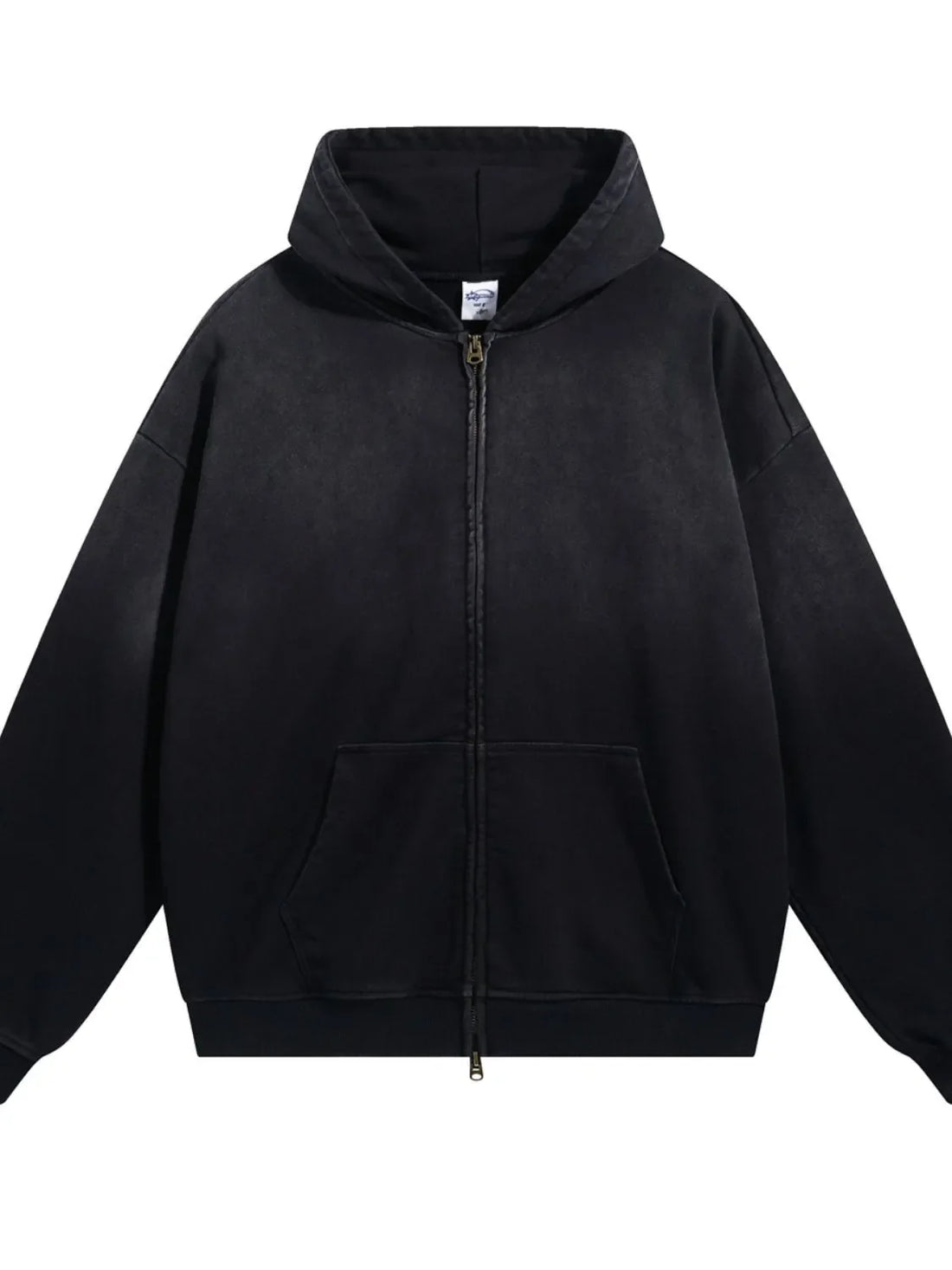 Black vintage wash oversized zip-up hoodie with front pocket and drawstring hood.