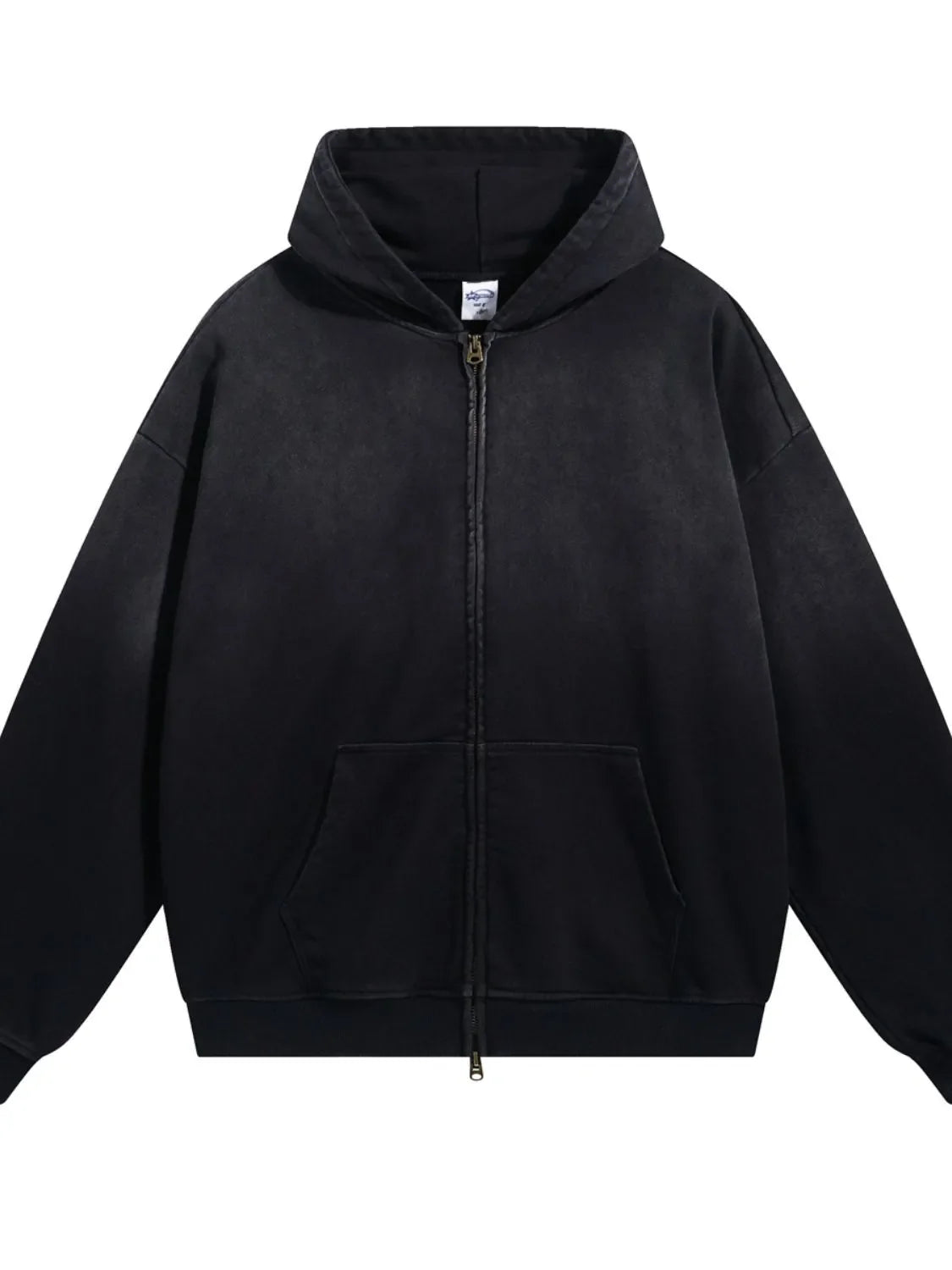 Black vintage wash oversized zip-up hoodie with front pocket and drawstring hood.