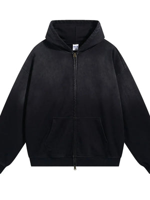 Black vintage wash oversized zip-up hoodie with front pocket and drawstring hood.