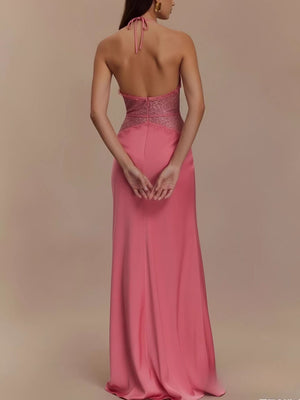 Fuchsia pink lace trim halter neck maxi dress with a satin finish.