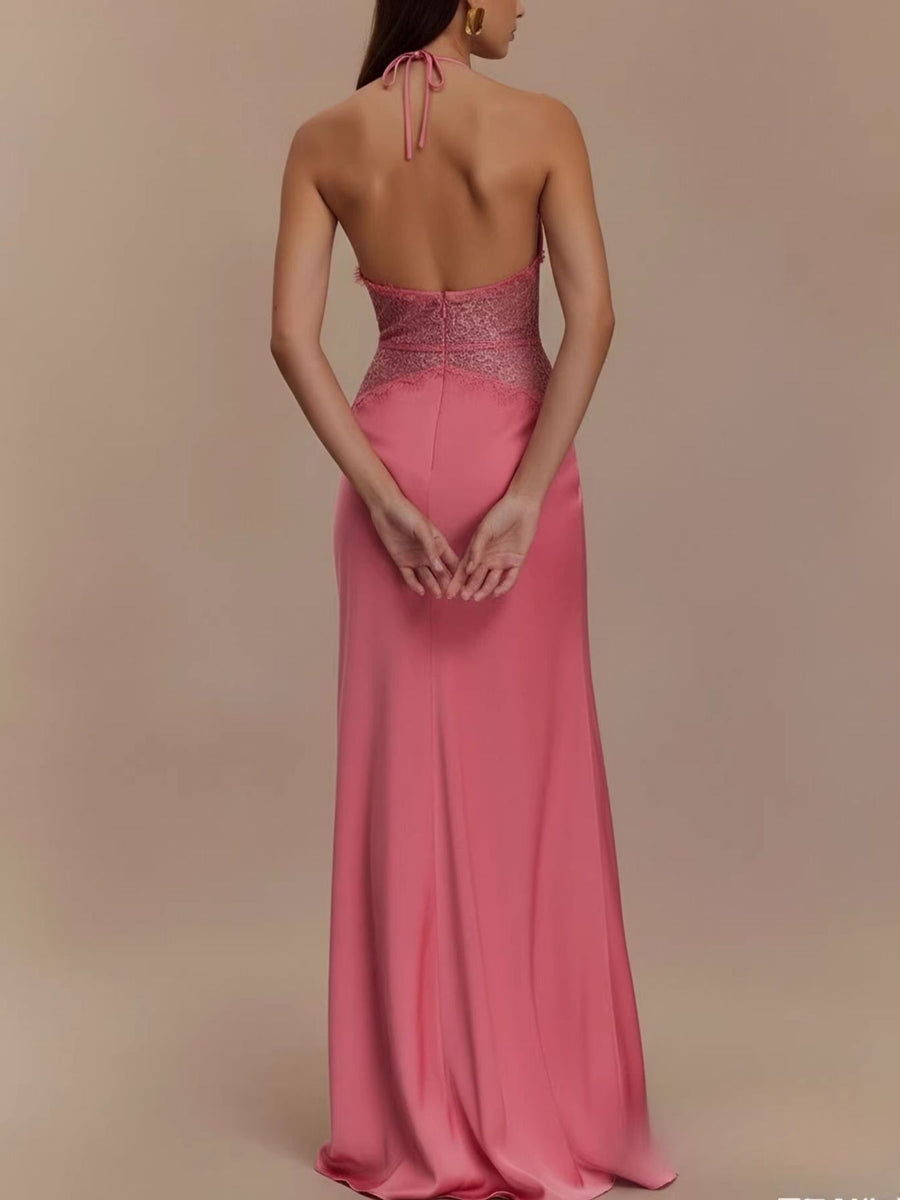 Fuchsia pink lace trim halter neck maxi dress with a satin finish.