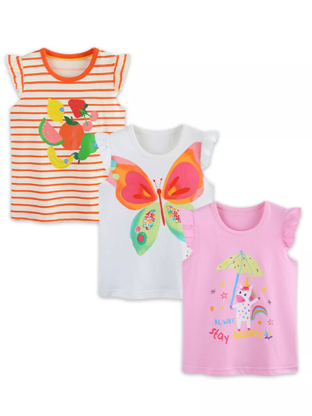 Kids' ruffled graphic tops set: orange stripe fruit, white butterfly, pink unicorn designs.