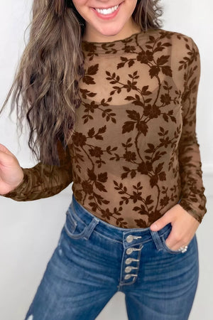 Floral Mesh Long Sleeve Sheath Top in Brown