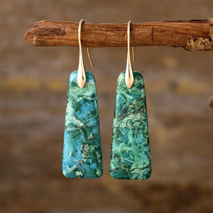 Textured stone drop earrings in green and blue with gold accents.