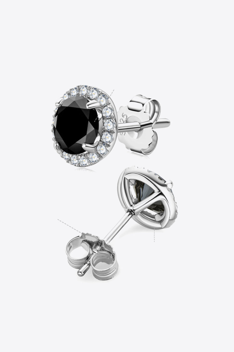 Black diamond halo stud earrings with clear accent stones and silver settings.