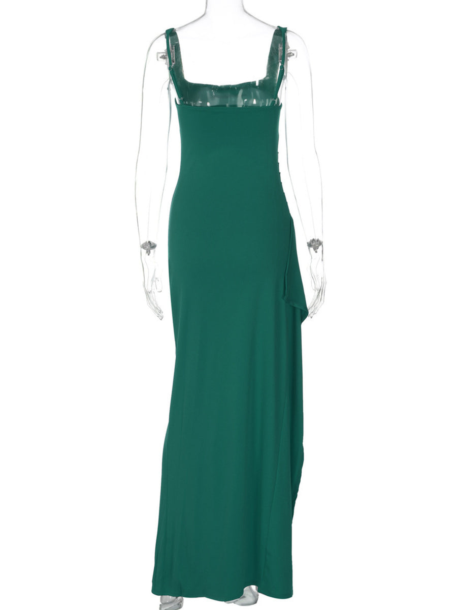 Red fitted maxi dress with square neck
