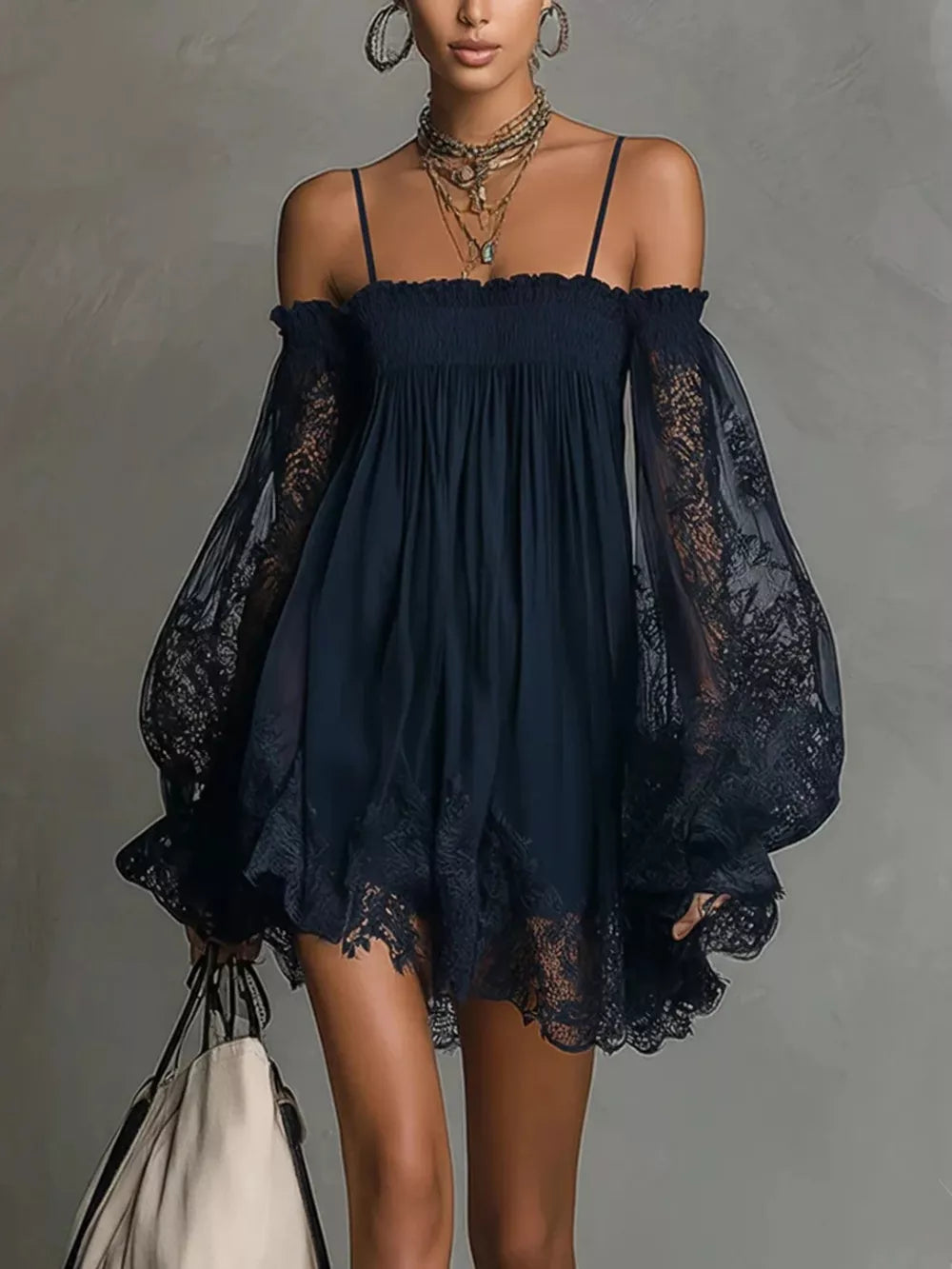 mini dress in navy blue featuring lace detail and A-line fit