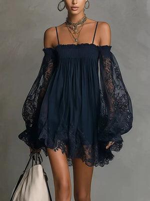 mini dress in navy blue featuring lace detail and A-line fit