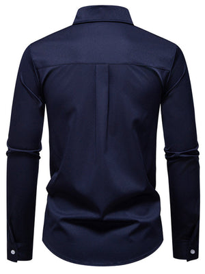 Men's navy blue long sleeve button-up shirt with pocket detail