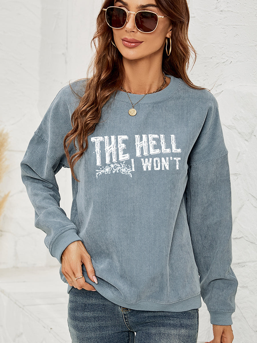 French Blue textured corduroy crewneck sweatshirt with white graphic text.