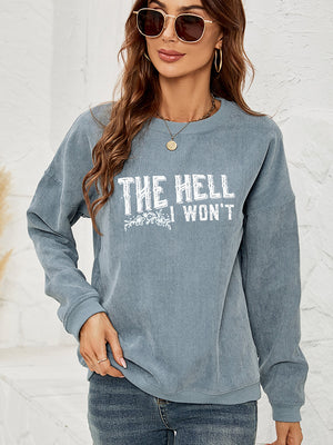 French Blue textured corduroy crewneck sweatshirt with white graphic text.
