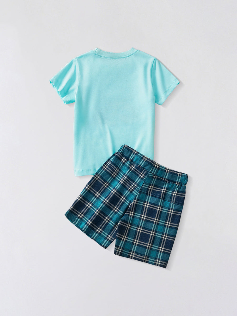 Toddler graphic tee and shorts set in aqua blue cotton with blue plaid shorts.