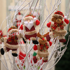 4-piece Christmas character ornaments: Santa, snowman, reindeer, and bear in red and tan.