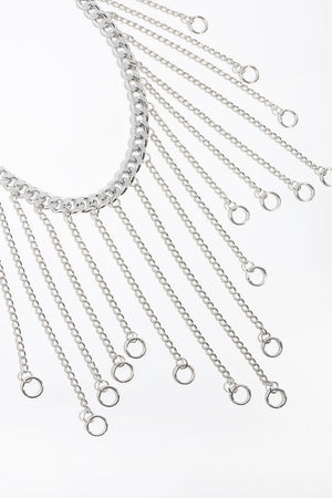 Silver chainmail belt with cascading chains and rings.