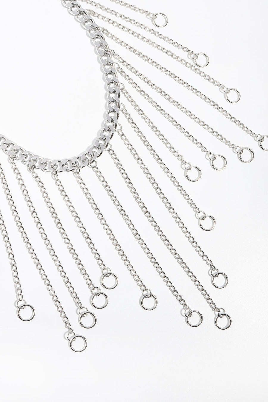 Silver chainmail belt with cascading chains and rings.
