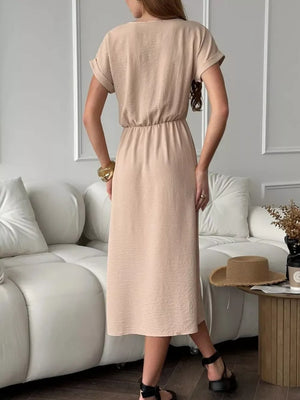 Apricot Casual Drawstring Waist Midi Dress