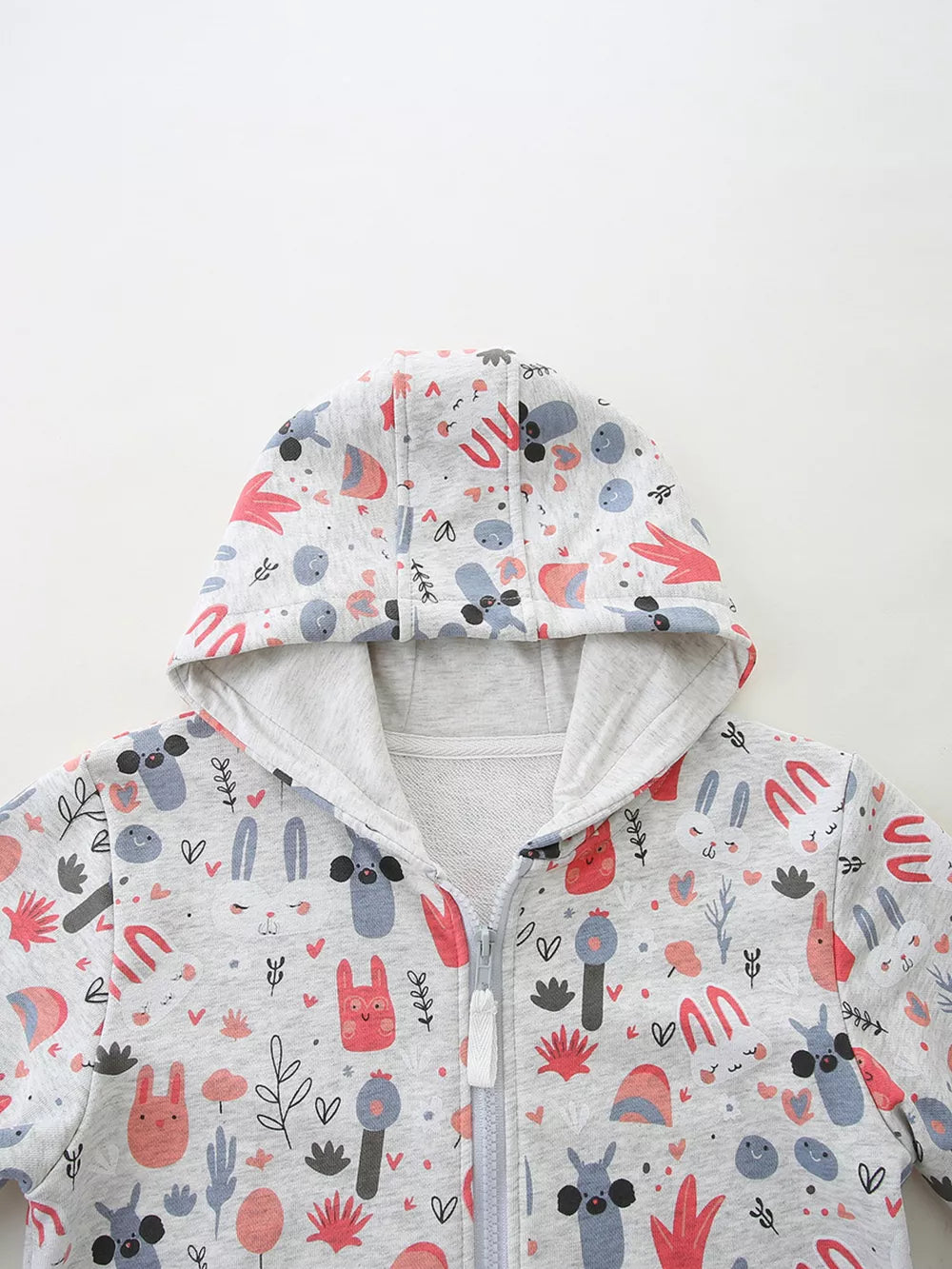 Toddler grey cotton zip-up hoodie with whimsical cartoon bunny and animal print.