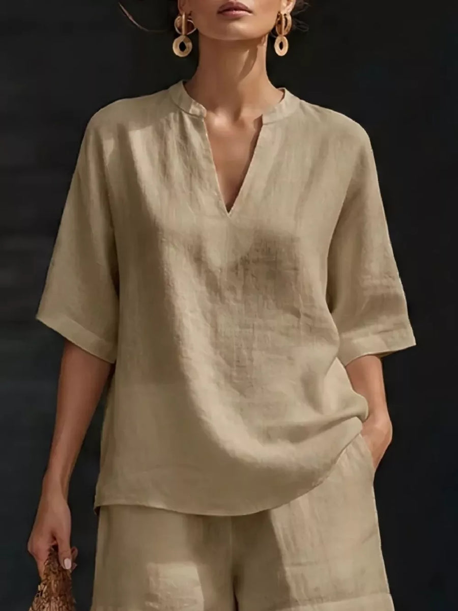 Khaki notched V-neck two-piece set with pockets, casual linen blend top and shorts.