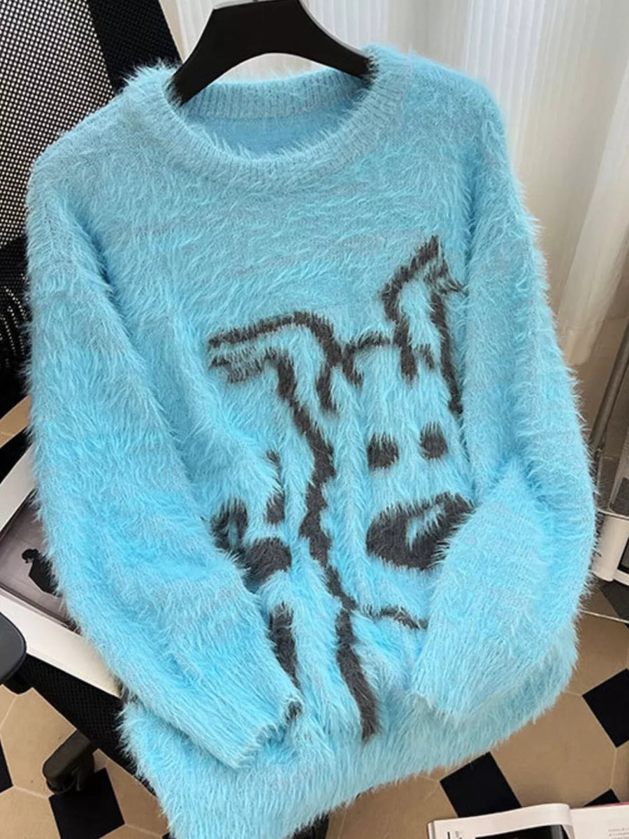 sky blue crewneck sweater with graphic and crew neck
