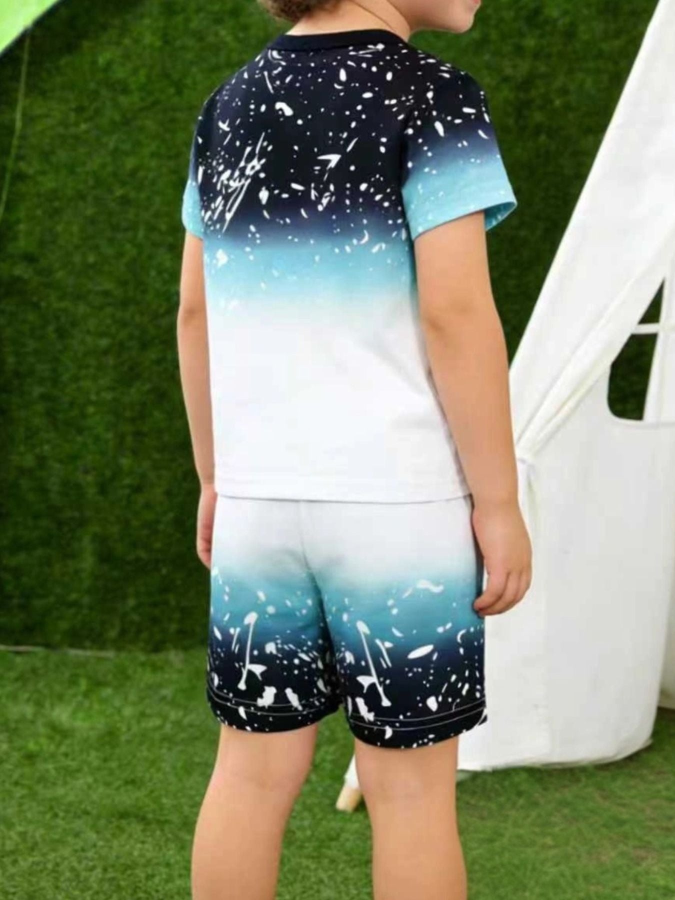 Toddler ombre splash print t-shirt and shorts set with white splatter detail.