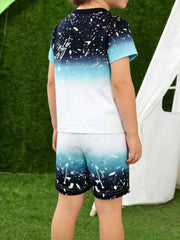 Toddler ombre splash print t-shirt and shorts set with white splatter detail.