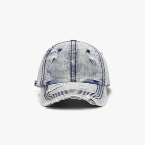 Light acid wash distressed denim baseball cap with frayed brim