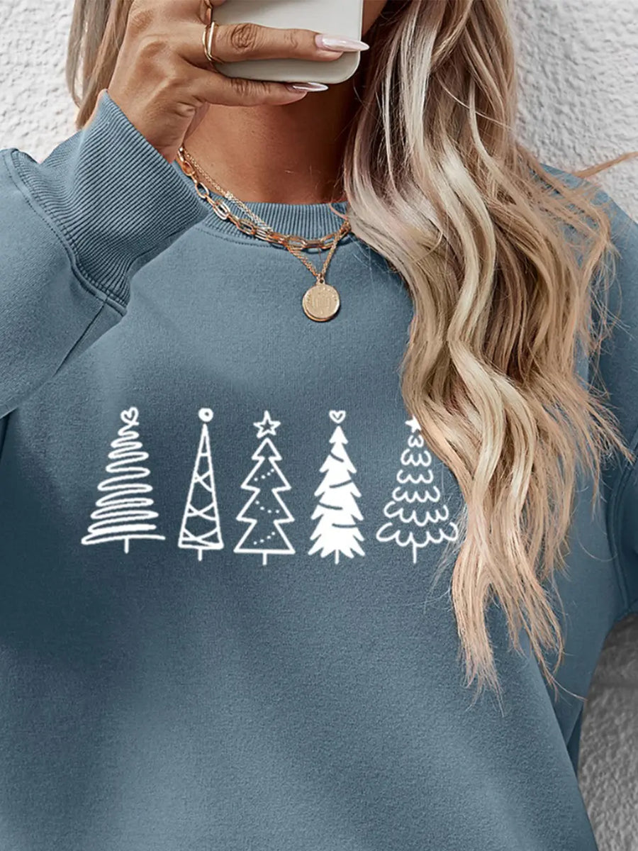 Air Force Blue oversized sweatshirt with white festive tree line graphic and crew neck.