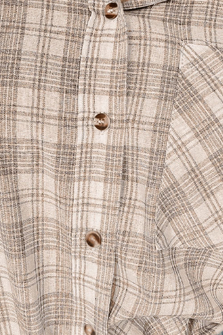 Plaid hooded shirt jacket in khaki cotton with button front and drawstring details.