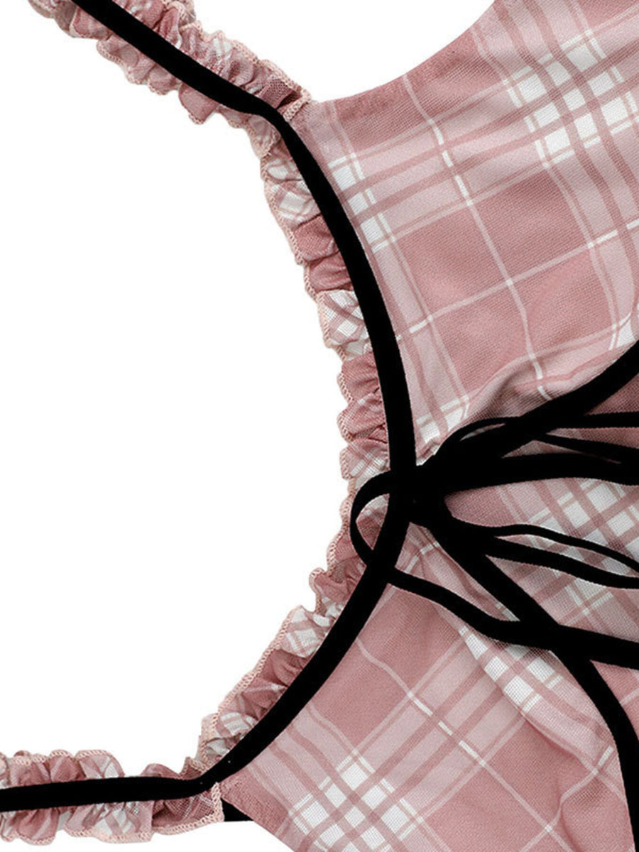 Plaid ruffle trim tank top with black ribbon tie detail
