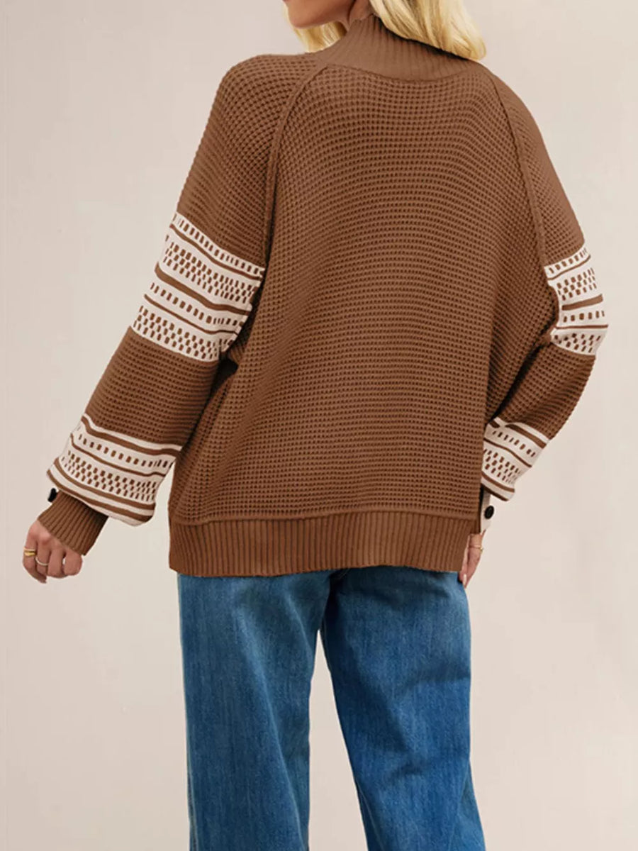 mock neck sweater in ivory with color-block and ribbed