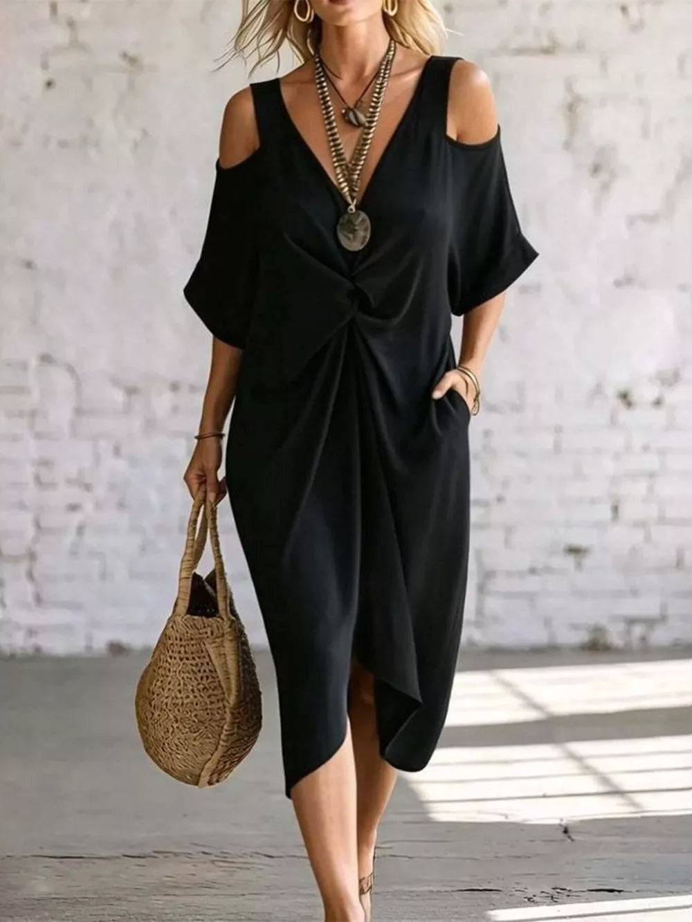 Burgundy Cold Shoulder Twist Front Midi Dress Plus Size