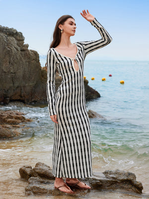 Textured black and white striped long-sleeve beach cover-up dress with keyhole neckline.