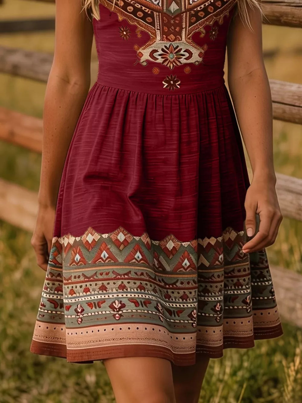 Tribal Print Sleeveless A-line Summer Dress in cream with sleeveless