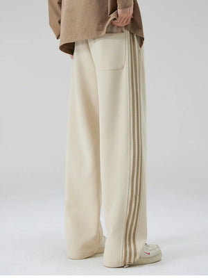Men's khaki sweatpants with side stripe detail and back pocket.