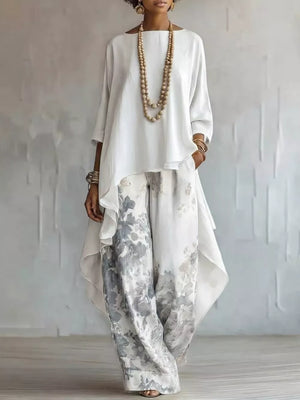 White Asymmetrical Hem Top And Floral Pants Set