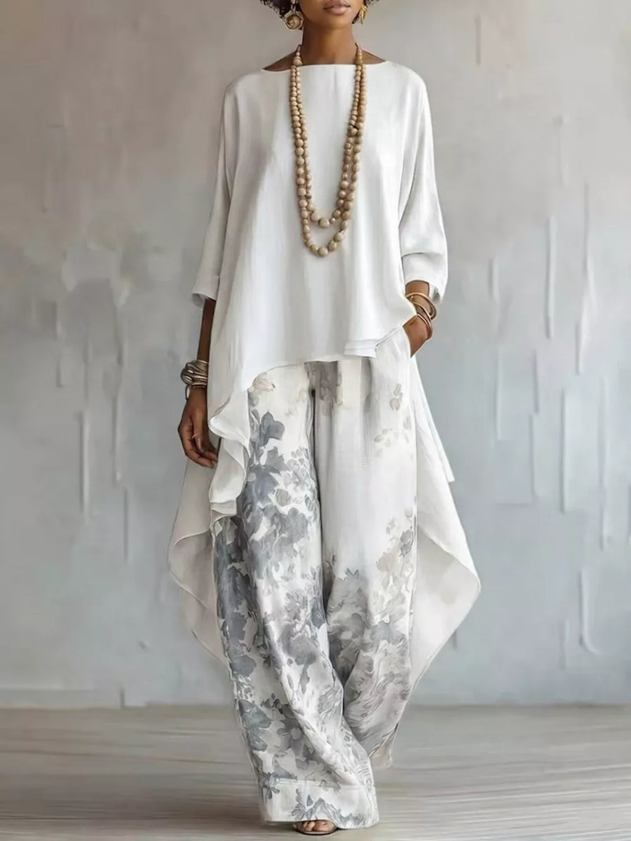 White Asymmetrical Hem Top And Floral Pants Set