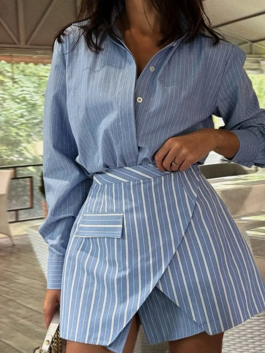 Striped Buttoned Shirt And Mini Skirt Set in Dusty Blue