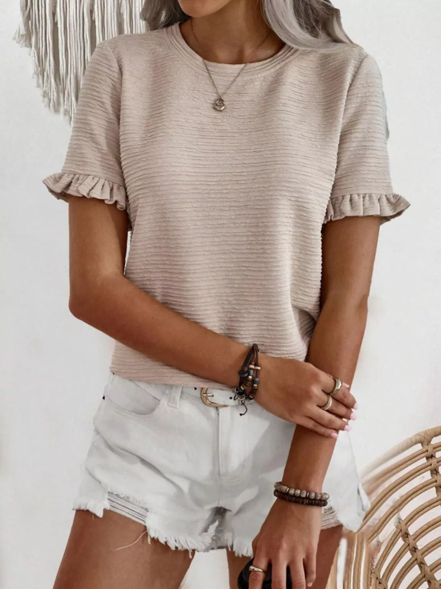 Khaki textured t-shirt with ruffle sleeves and crew neck.