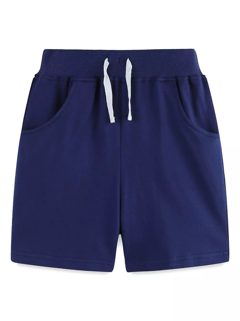 Navy blue sweat shorts with white drawstring and side pockets