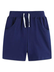 Navy blue sweat shorts with white drawstring and side pockets