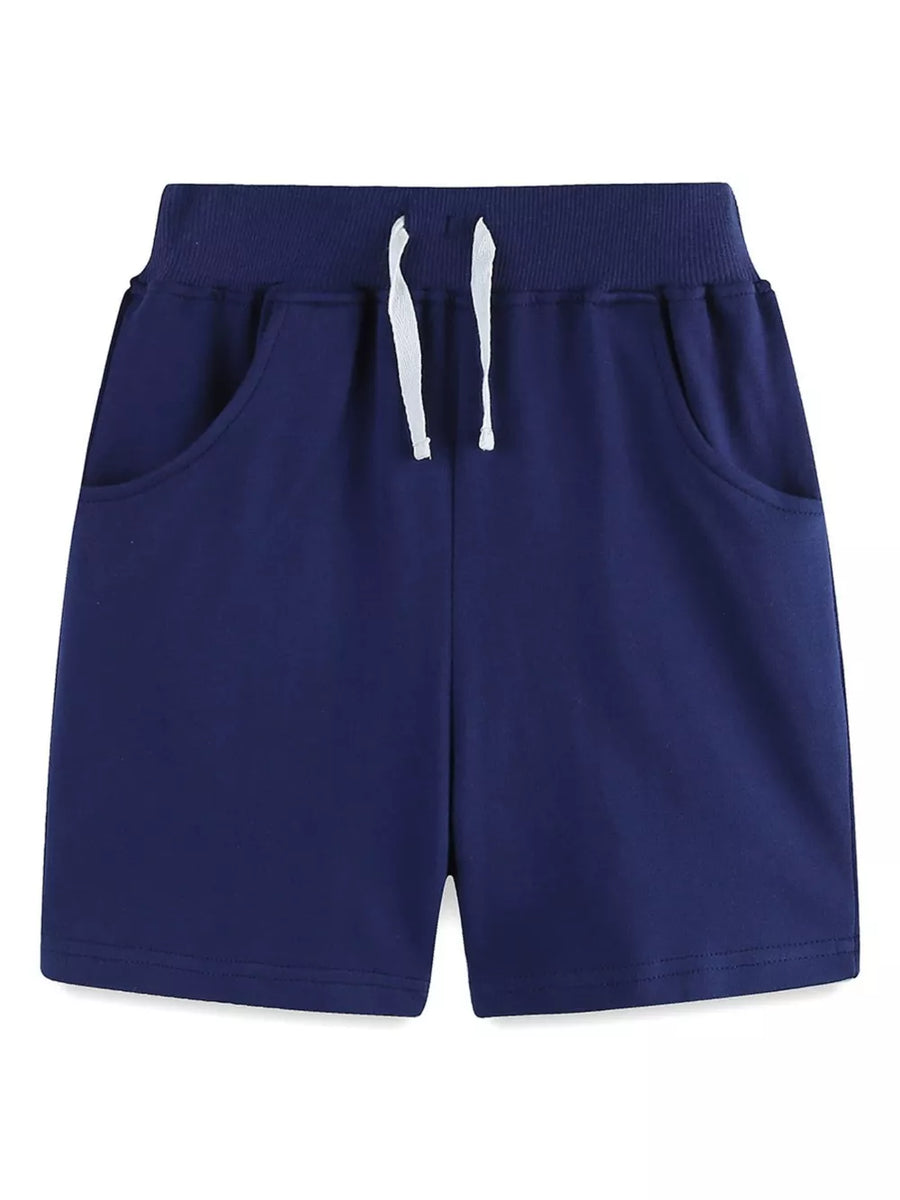 Navy blue sweat shorts with white drawstring and side pockets