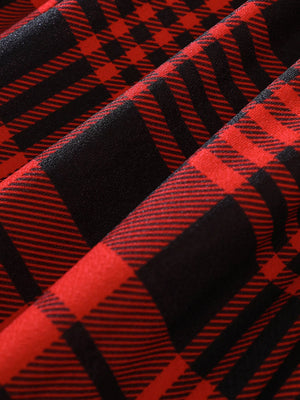 Deep Red Belted Plaid Long-Sleeve Dress